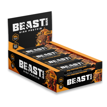 Box of Beast High Protein Bars in salted caramel with black and orange design