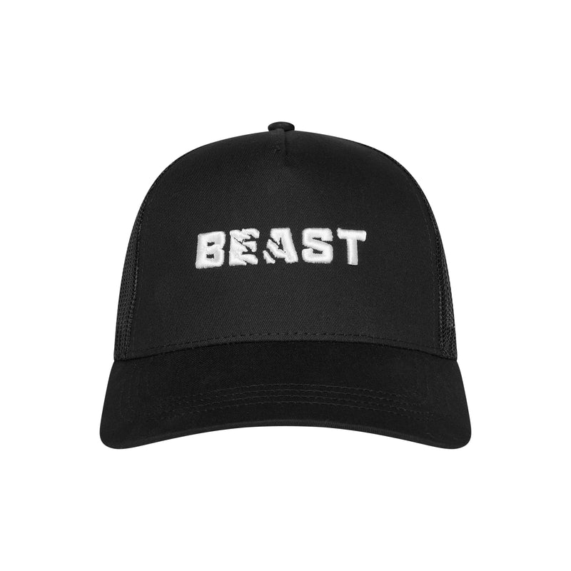 A black trucker cap with the word 'BEAST' written in white on the front panel
