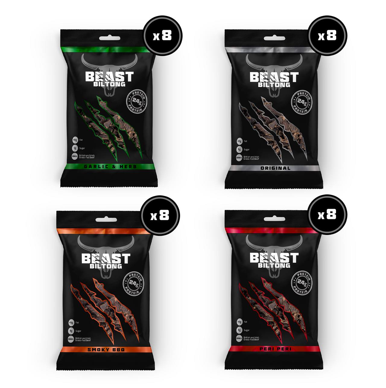 Four Beast Military snack pouches arranged in a 2x2 grid on a white background, each with an x8 badge. The pouches are black with different flavor accents: green Garlic & Herbs, brown Original, orange Smoky BBQ, and red Pepper.