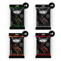 Thumbnail for Four Beast Military snack pouches arranged in a 2x2 grid on a white background, each with an x8 badge. The pouches are black with different flavor accents: green Garlic & Herbs, brown Original, orange Smoky BBQ, and red Pepper.