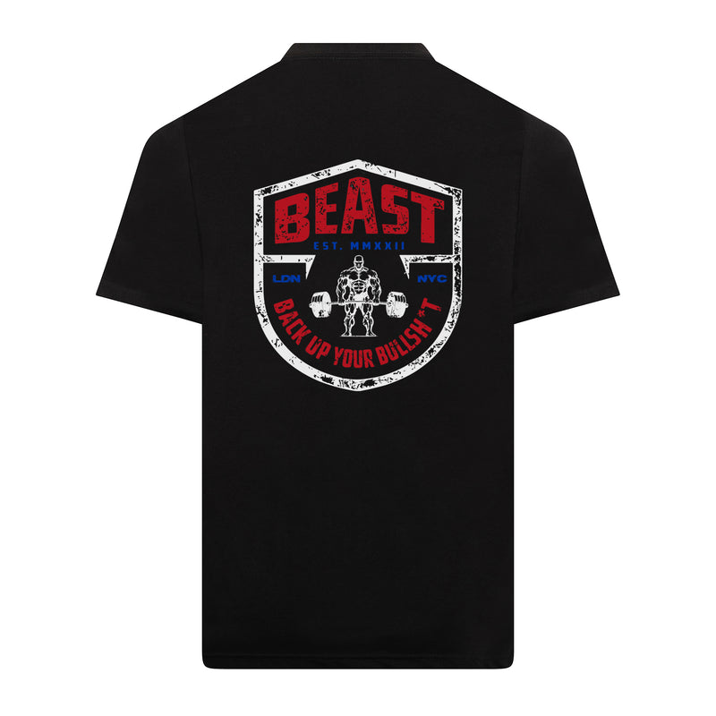 Black t-shirt with 'Beast' graphic design on a white background