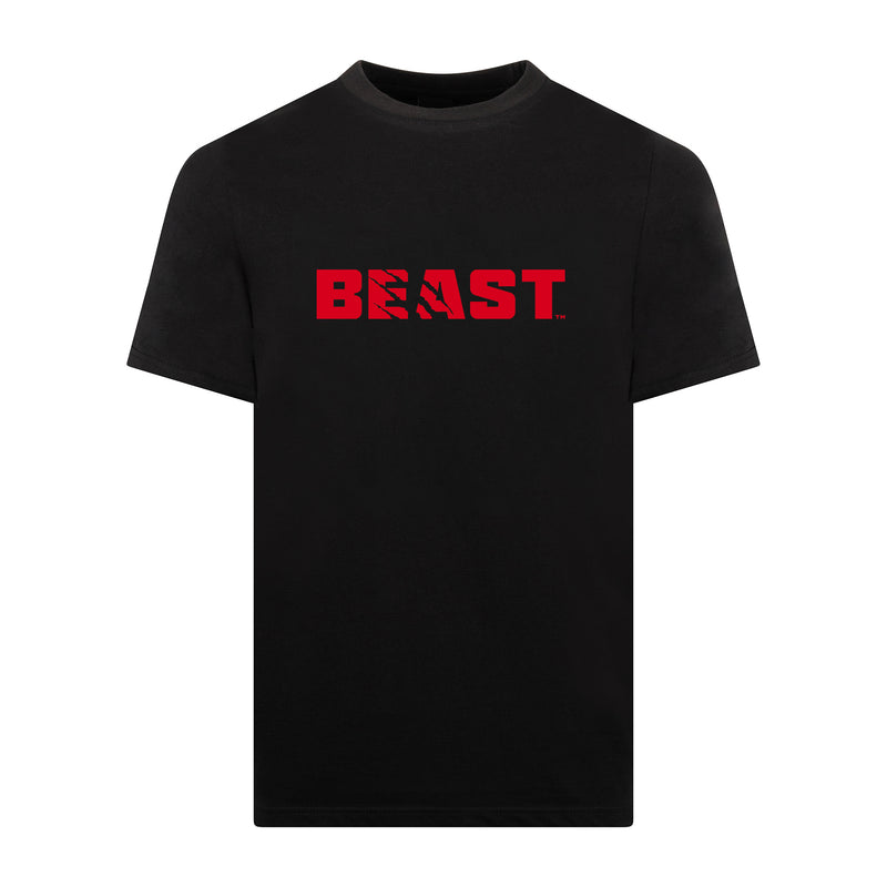Black t-shirt with red 'BEAST' text on a white background