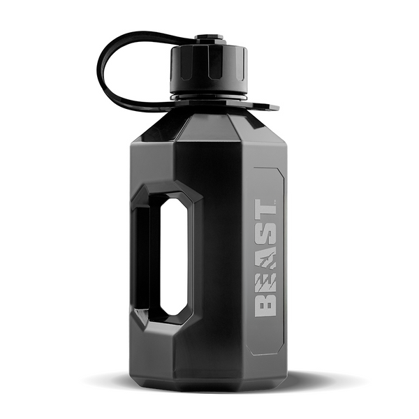 Black water bottle with 'BEAST' branding on a white background