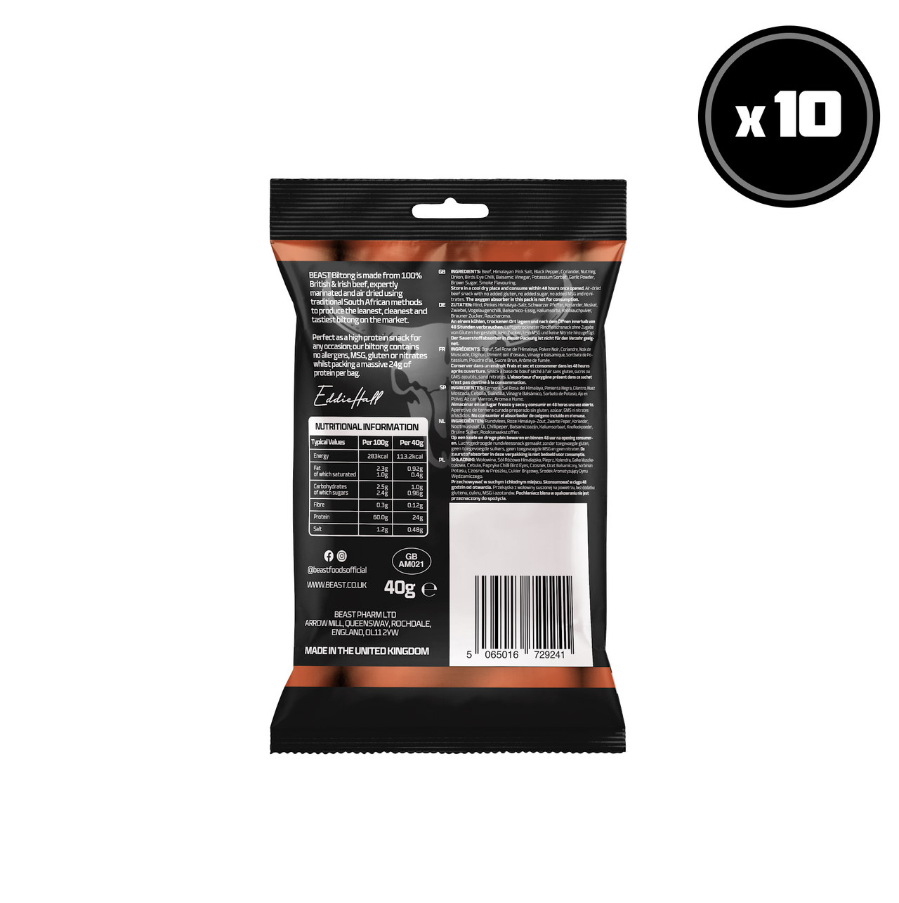 BEAST Biltong - 24g Protein Per bag! 100% Grass Fed Beef - 10 pack