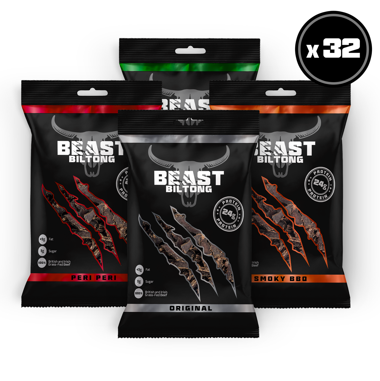 Four Beast Biltong snack pouches arranged in a fan shape on a black background, with a circular 'x 32' badge in the top right. The pouches are black with different flavor graphics: red claw designs for Peri Peri, silver claw designs for Original, and orange claw designs for Smoky BBQ.