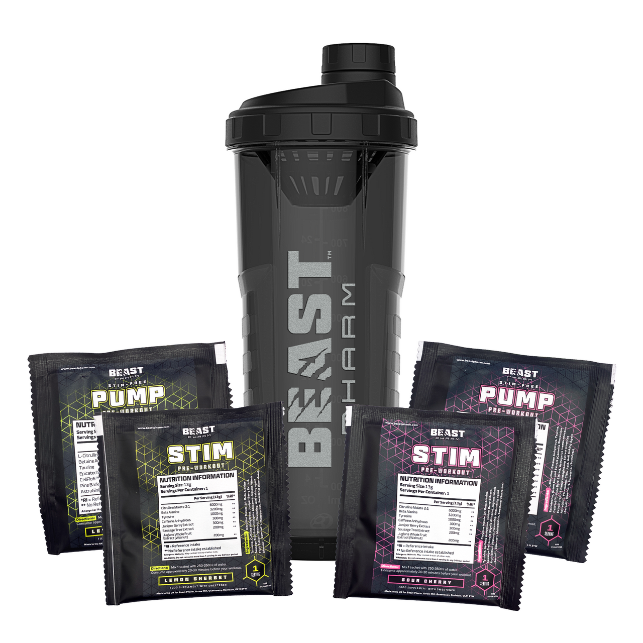 Alpha Bottle V2 750ml Shaker + STIM & PUMP Sample Pack