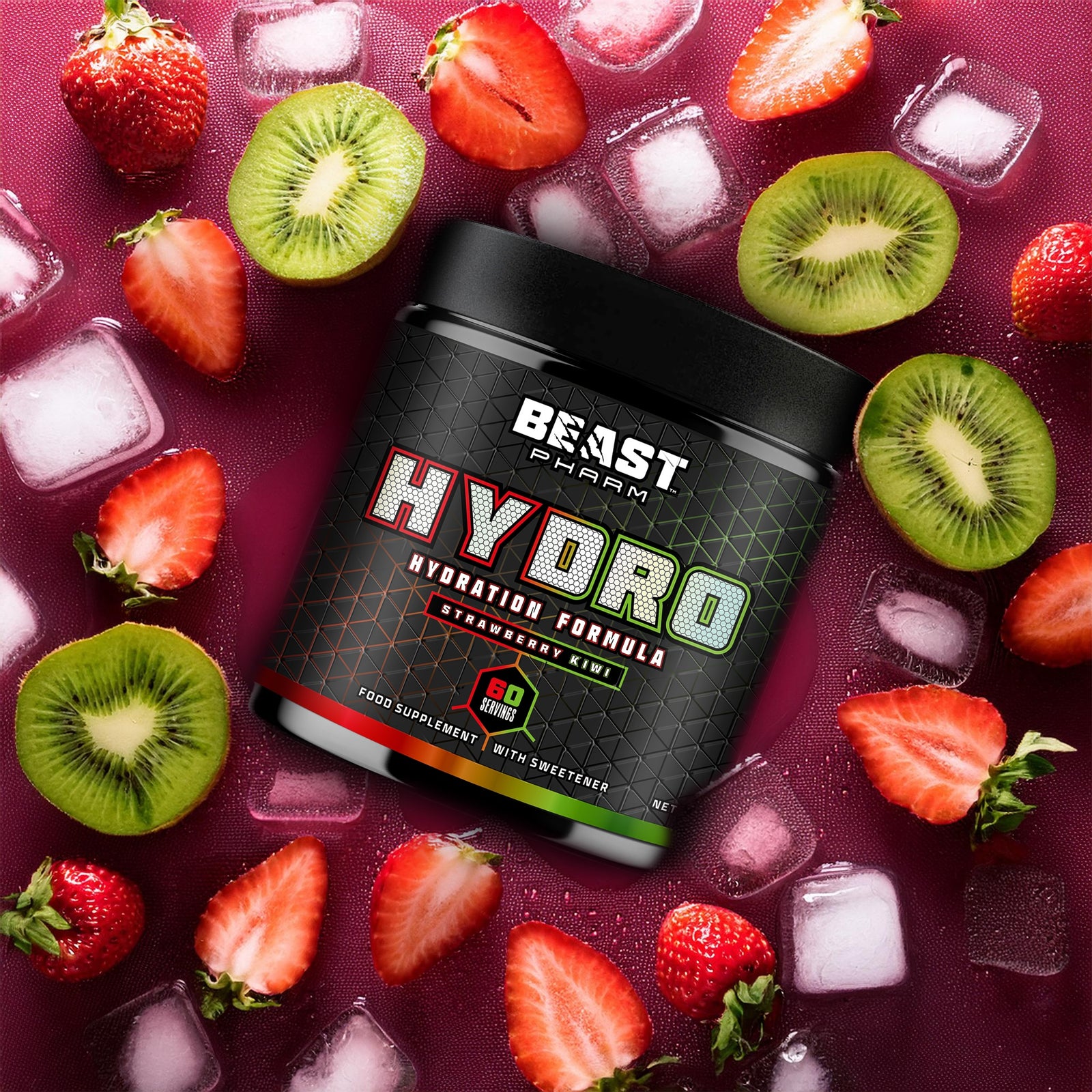 Beast Pharm Hydro hydration electrolyte powder tub surrounded by strawberries and kiwis in red juice