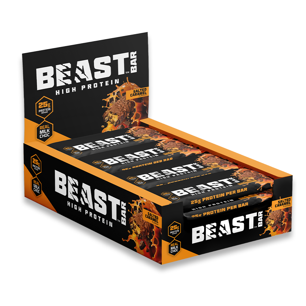 Box of Beast High Protein Bars in salted caramel with black and orange design